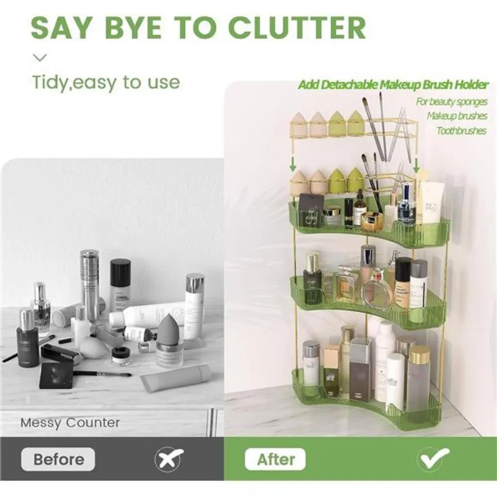 NATURE'S SOURCE Makeup Organizer for Vanity, 3-Tier Corner Bathroom Organizer
